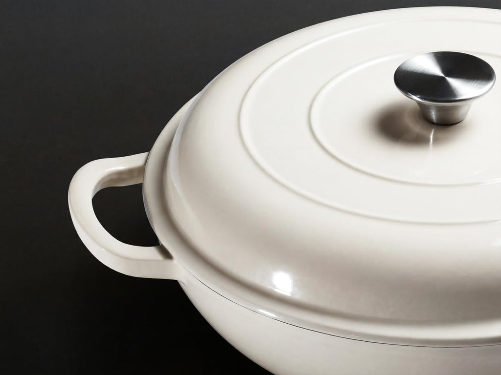 3.6QT Enameled Cast Iron Skillets Braiser Pan with Lid, Cream White