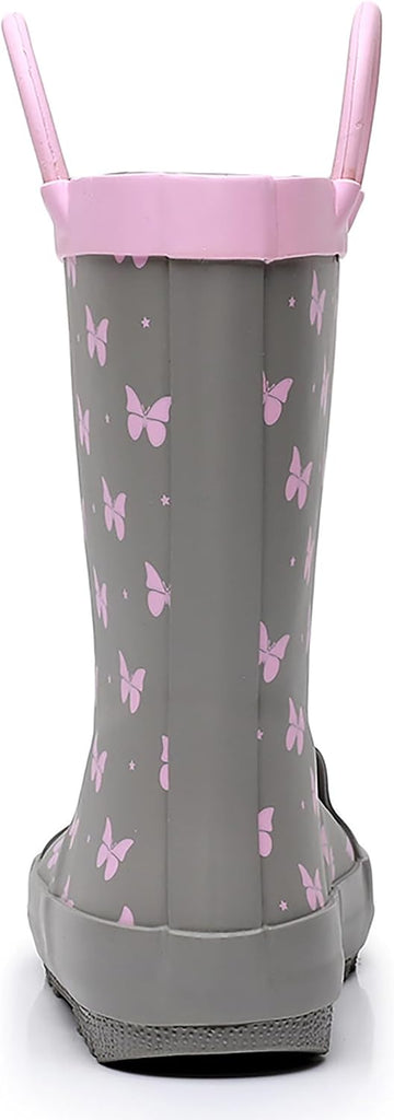 Toddler and Kids Rain Boots with Easy-On Handles, Unisex-Child Waterproof Rubber Rain Boots in Fun Patterns for Girls