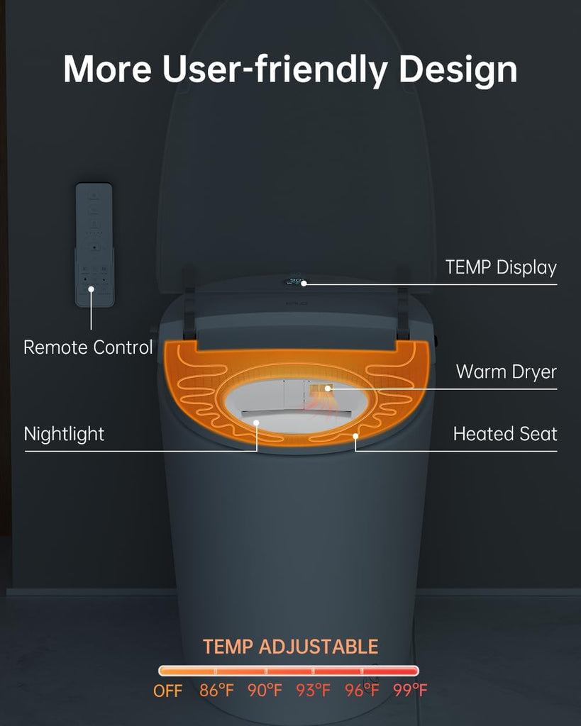 Smart Toilet Bidet with Auto Open Close,Foam Shield,1000G MaP Flush Score,ADA Comfort Chair Height,Blackout