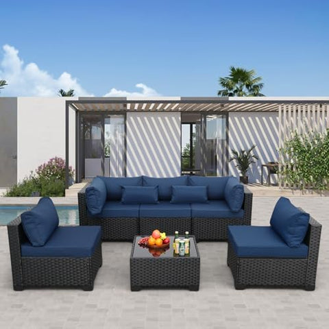 6-Piece Wicker Outdoor Patio Furniture Set | Navy Blue All-Weather Resistant for Patio, Garden & Porch