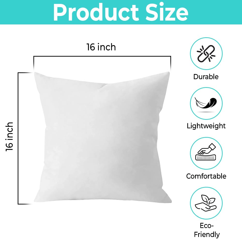Throw Pillow Inserts (Set of 2, White), 16x16 Inches - Premium Cushion Fillers for Sofa, Bed, and Home Décor (16x16