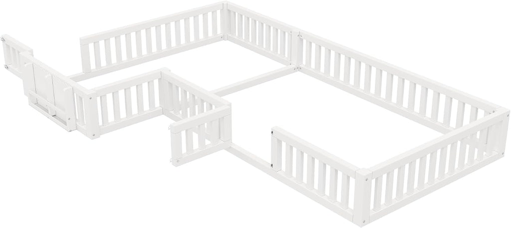 L Shape Double Floor Bed with Bookcase & Lockable Safety Gate, Montessori Bed Frame with Storage for