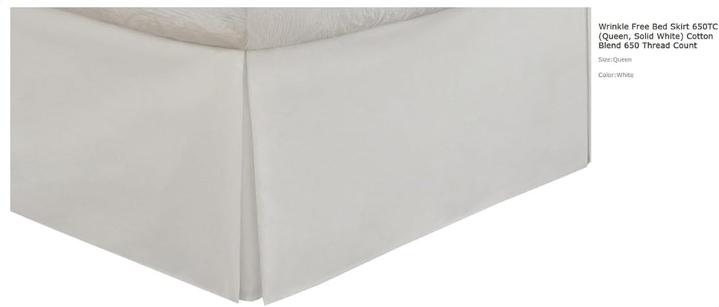 Wrinkle Free Bed Skirt 650TC (Queen, Solid White) Cotton Blend 650 Thread Count