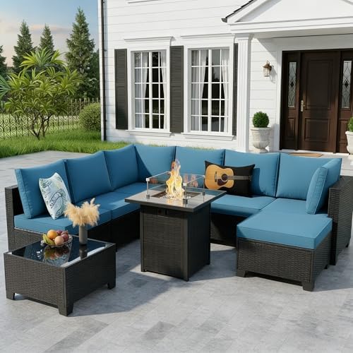 8-Piece Wicker Outdoor Patio Furniture Set - Fire Pit | Brown with Thick Cushions for Backyard, Garden & Porch