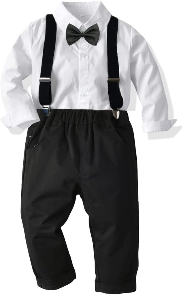 Toddler Boys Gentleman Outfits Suits, Baby Long Sleeve Shirt Party Clothes Set+ Suspender Pants +Bow Tie