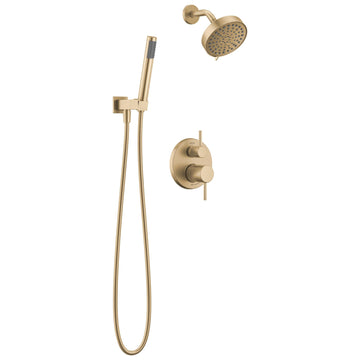 Modern Round Shower System Faucet Set, Brushed Gold 6-inch Shower Head and Handle Set, Valve Trim Kit, Champagne