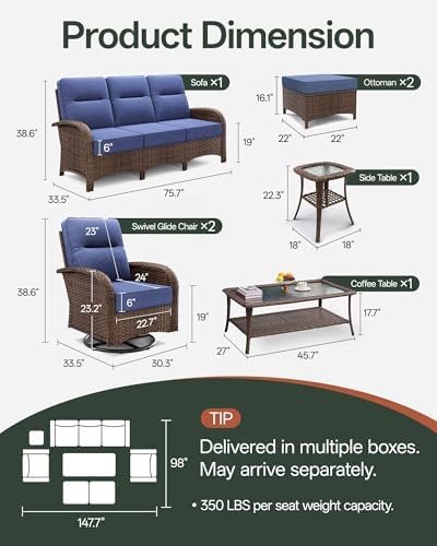 7-Piece Outdoor Patio Furniture Set - Swivel | Blue All-Weather Resistant with Thick Cushions for Patio, Garden & Porch