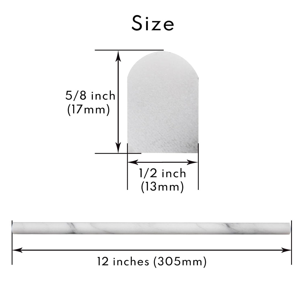 Carrara White 1/2" X 12" Marble Pencil Liner Tile, Edge Trim Molding for Shower and Backsplash, Bullnose Tile Trim