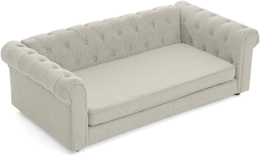 Elegant Elevated Dog Sofa Bed - Oversized Linen Fabric Pet Couch with Thick Padding, Durable Stitching & Modern