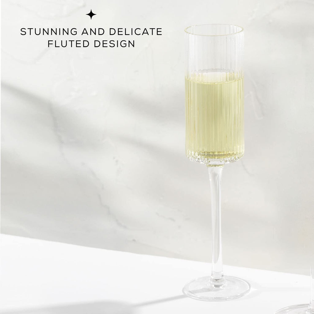 Elle 5.7oz Champagne Glasses, Fluted Glass Flute Set of 2, Vintage Style Unique Drinking Cocktail and Mimosa Glasses
