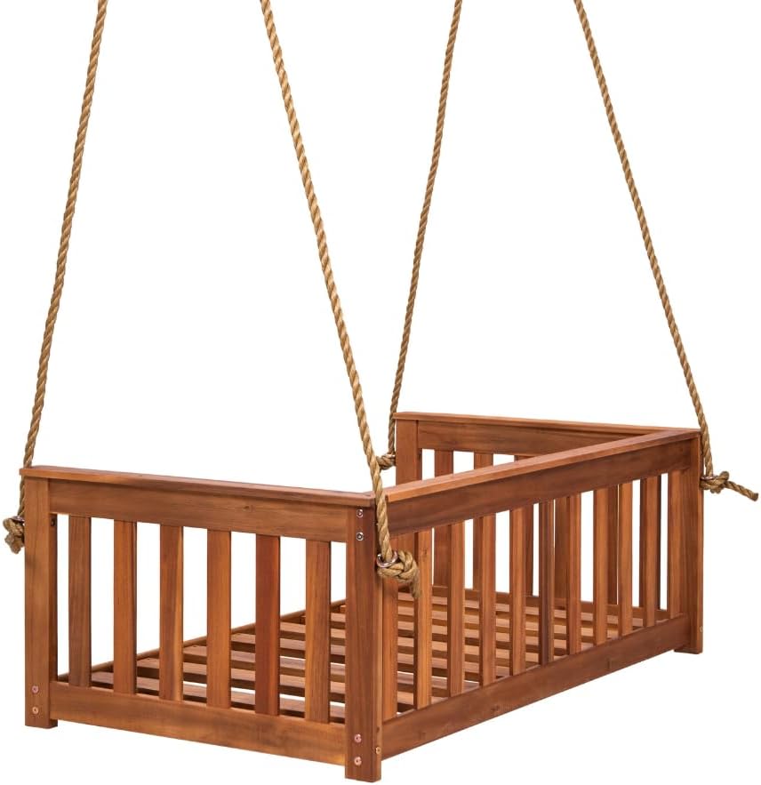 Charleston Outdoor Daybed Swing with Ropes - Crib Size Porch Swing Bed Made from Acacia Wood in Natural Finish