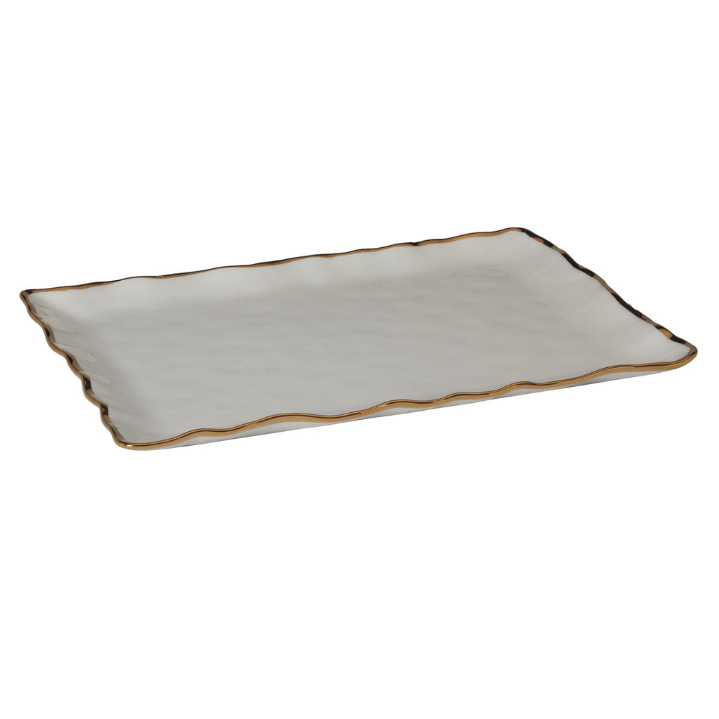 Regency Gold Porcelain Rectangular Platter with Scalloped Edges, Metallic Gold Rim, 16x11.75in, Elegant Serving Dish
