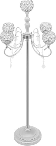 5 Arm Crystal Candelabra Centerpiece,49.2in Tall Floor Candelabra with Crystal Candle Holder Bowl,Silver Centerpiece