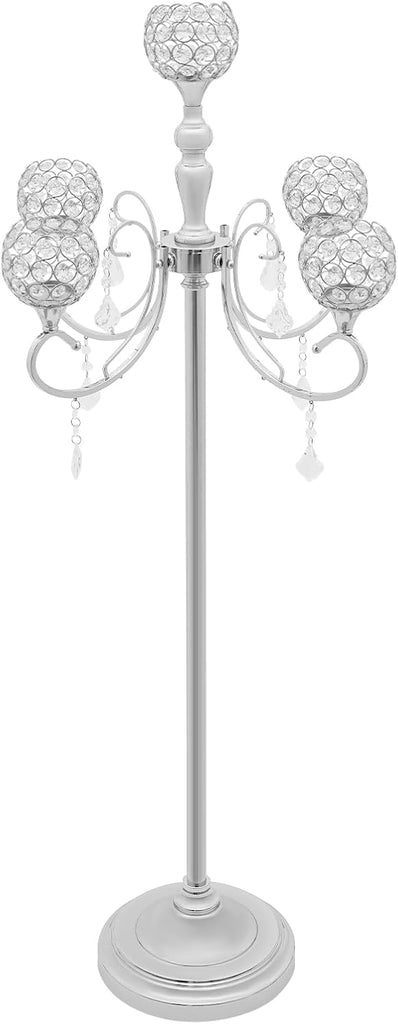 5 Arms Silver Floor Candelabra Centerpiece 49 inches Tall Crystal Beaded Candle Holders Wedding Centerpieces for