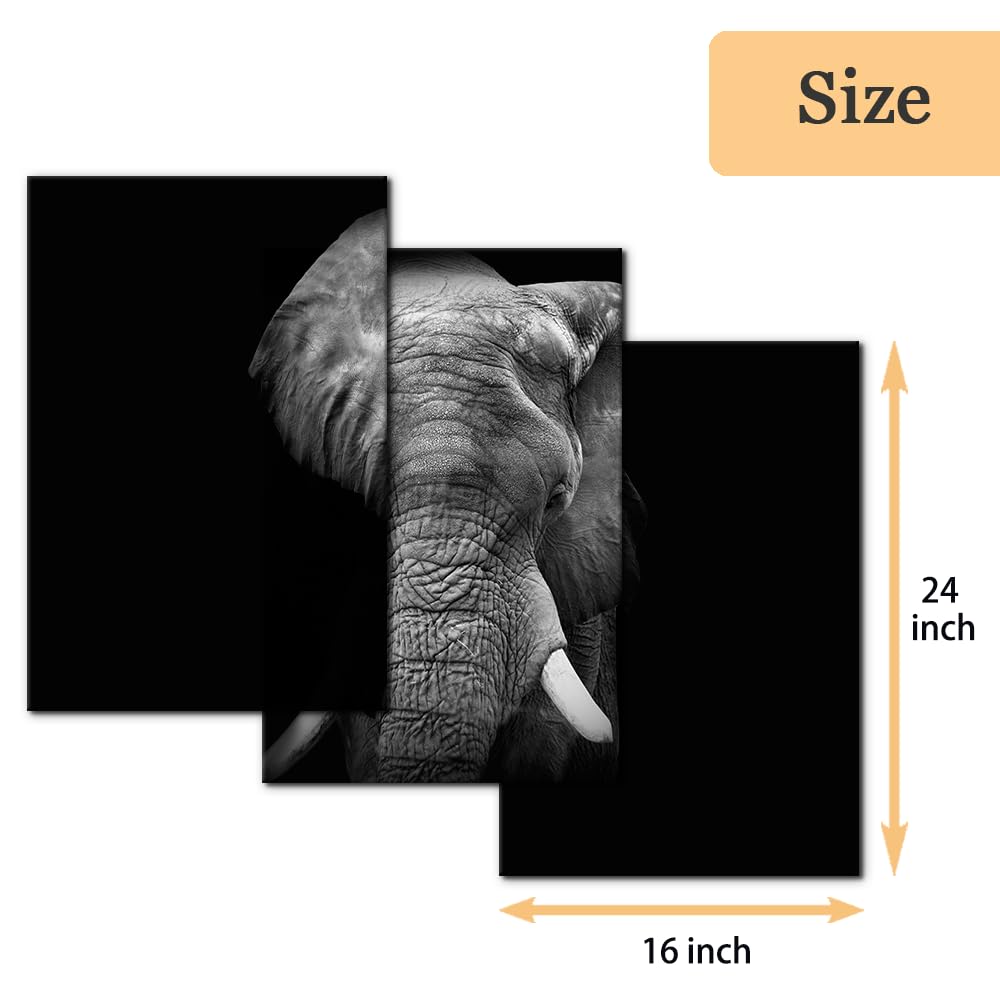 3 Pieces Wall Art Elephant Canvas Wall Decor Black and White Animal Pictures Painting Prints Modern Framed Artwork