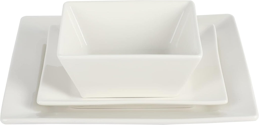 Zen Buffet Hard Square Porcelain Chip and Scratch Resistant Dinnerware Set, White, Service for 8 (24pcs)