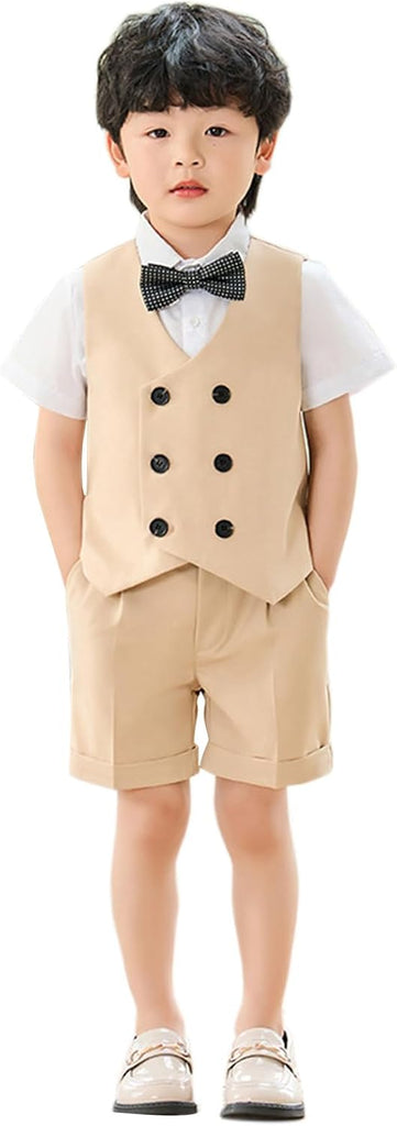 4Pcs Boys Suit, Kids Summer Dress Clothes Shirt Vest Shorts Bow Tie