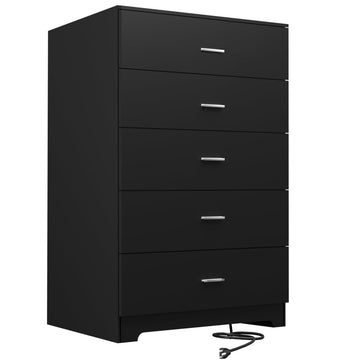 Dresser with Power Outlets Wood 5 Drawer Dresser with Large Storage Space Black Chest of Drawers with Smooth Metal