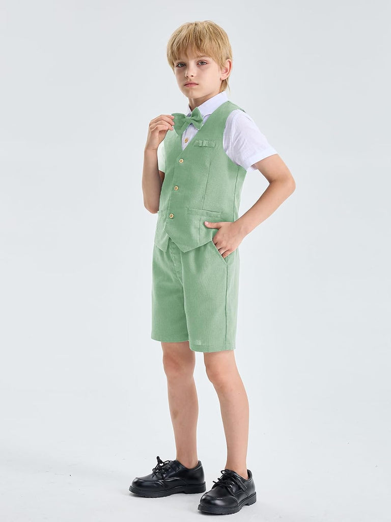Boys Linen Suit 4 Piece Summer Gentleman Outfit Kids Shorts Set