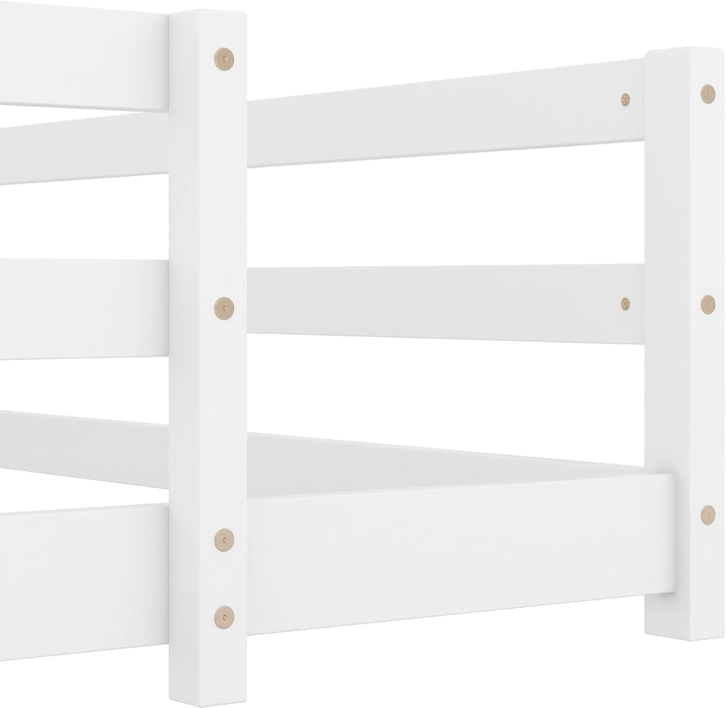 Floor Bed for Kids with High Fence, Wooden Montessori Floor Beds, White no slats
