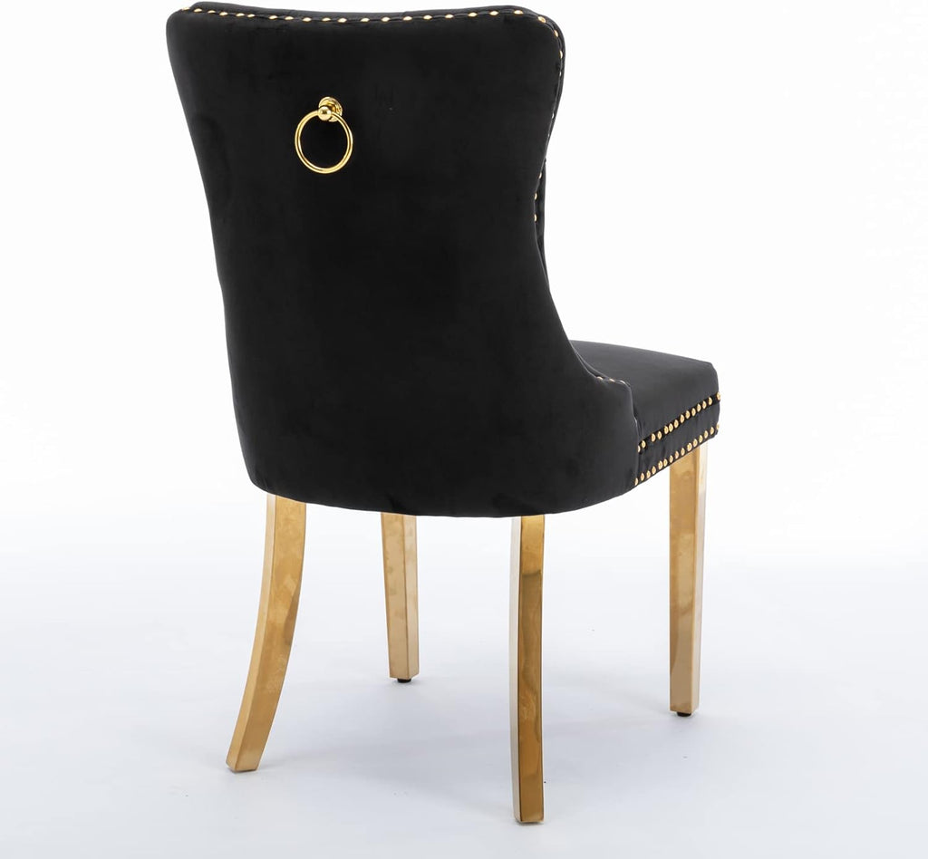 Solid Wood Velvet Upholstered Dining Chair with Golden Stainless Steel Plating Legs,Contemporary Design W/Nailhead