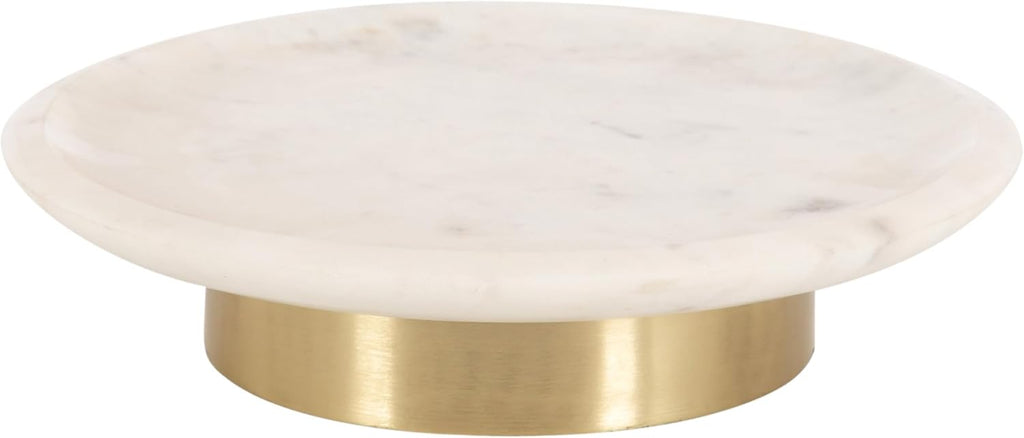 Sevienne Modern Glam Round Marble Tray, 10 Inch Diameter, White and Gold, Contemporary Scooped Pedestal Tray for Use