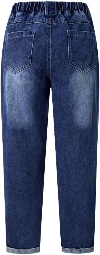 Tween Boys' Jeans Slim Fit Tapered Leg Pull On Kids Elastic Waistband Denim Pants with Pockets