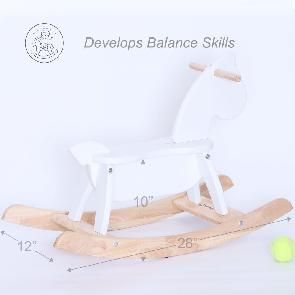 White Wooden Rocking Horse Funny for Toddlers (Ages 2-4) - Solid Rubber Wood, Smooth Surface for Creative Decoration