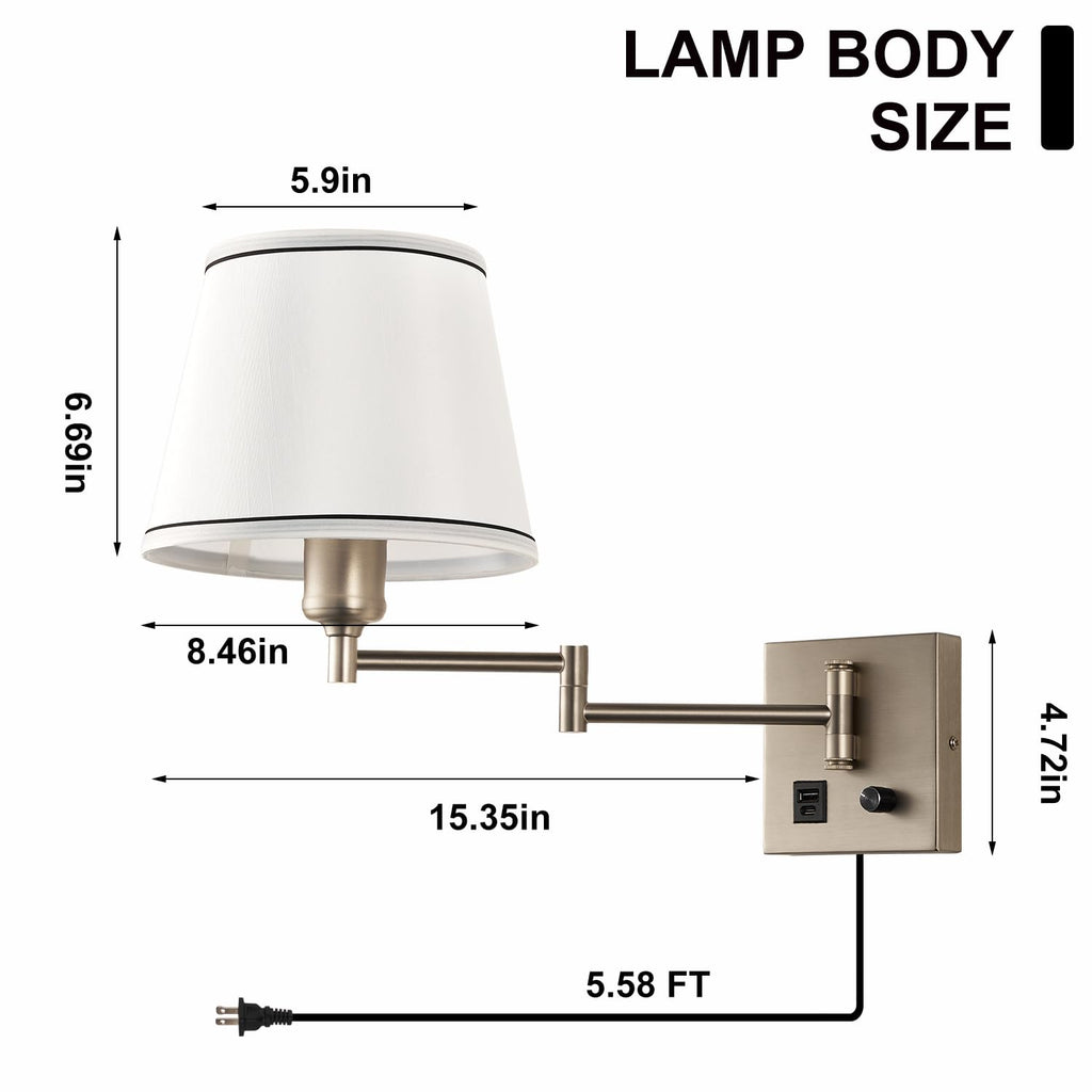 Plug-in Swing Arm Wall Sconce, Dimmable, Type-C & USB