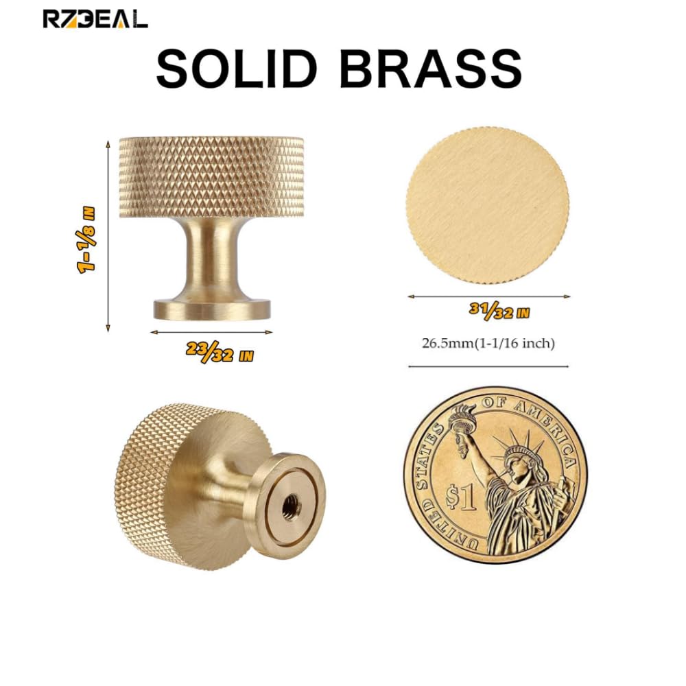4pcs Solid Brass Cabinet Knobs Pulls Cabinet Drawer Dresser Gold Knobs Modern Knurled Handles (1"x1"/25mmx25mm)