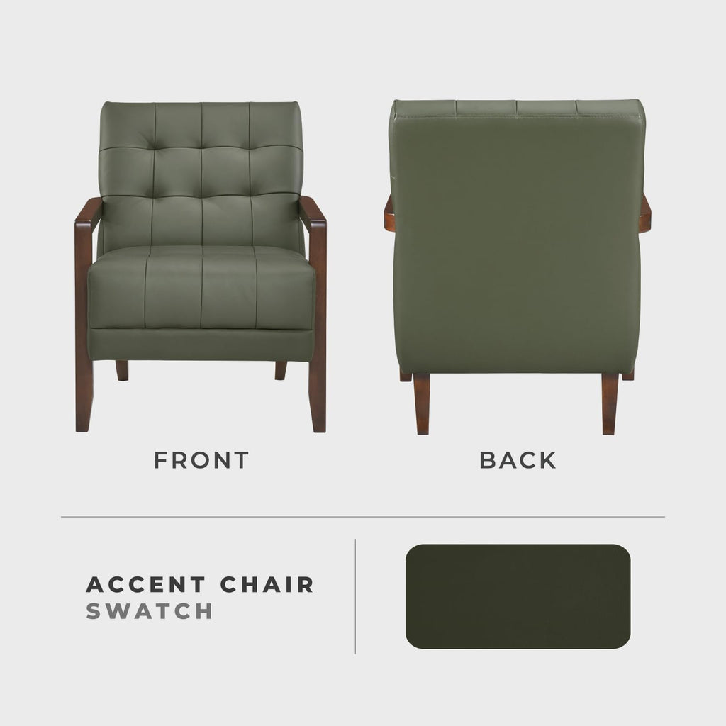 Modern Leather Match Accent Chair,Tufted,Solid Wood Arms,Green