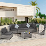 7-Piece Wicker Outdoor Patio Furniture Set - Conversation | Grey with Thick Cushions for Backyard, Garden & Porch