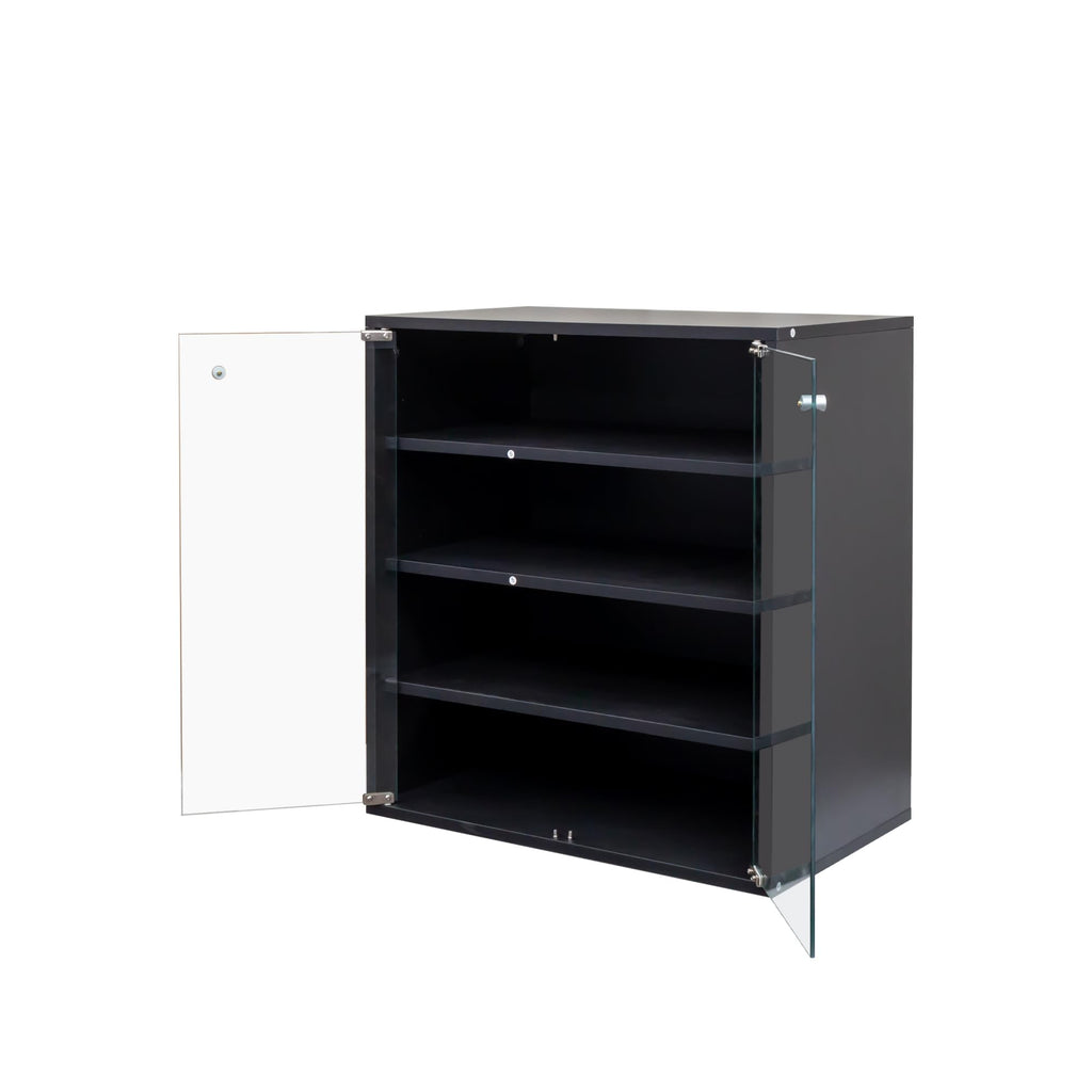 4 Layers LED Shoe Storage Box, Stackable Shoe Cabinet Case with Glass Doors and LED Lights, Wooden Display Shoes