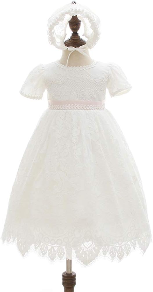 Baby Girls Embroidered Empire Waist Christening Gown Baptism Dress with Bonnet