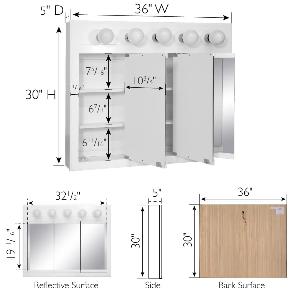 Concord Tri-View Medicine Cabinet, 36", White