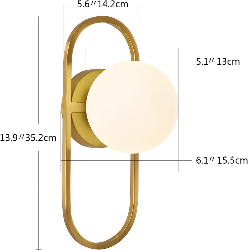 Mid Century Wall Sconces Modern Gold Vanity Wall Lamp with White Globe Lampshade Wall Light Fixture for Bathroom