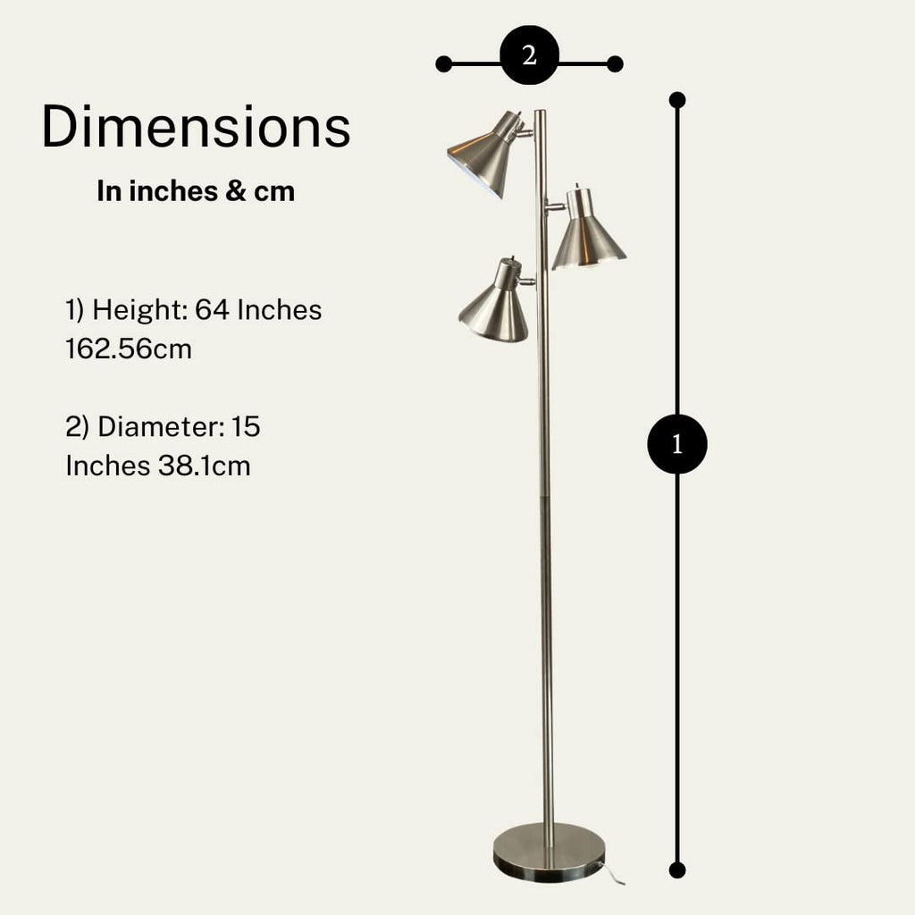 Tree Floor Lamp, Brushed Nickel - Modern Pole Lamp with 3 Adjustable Reading Lights - 64 inch Stand Lamp Room