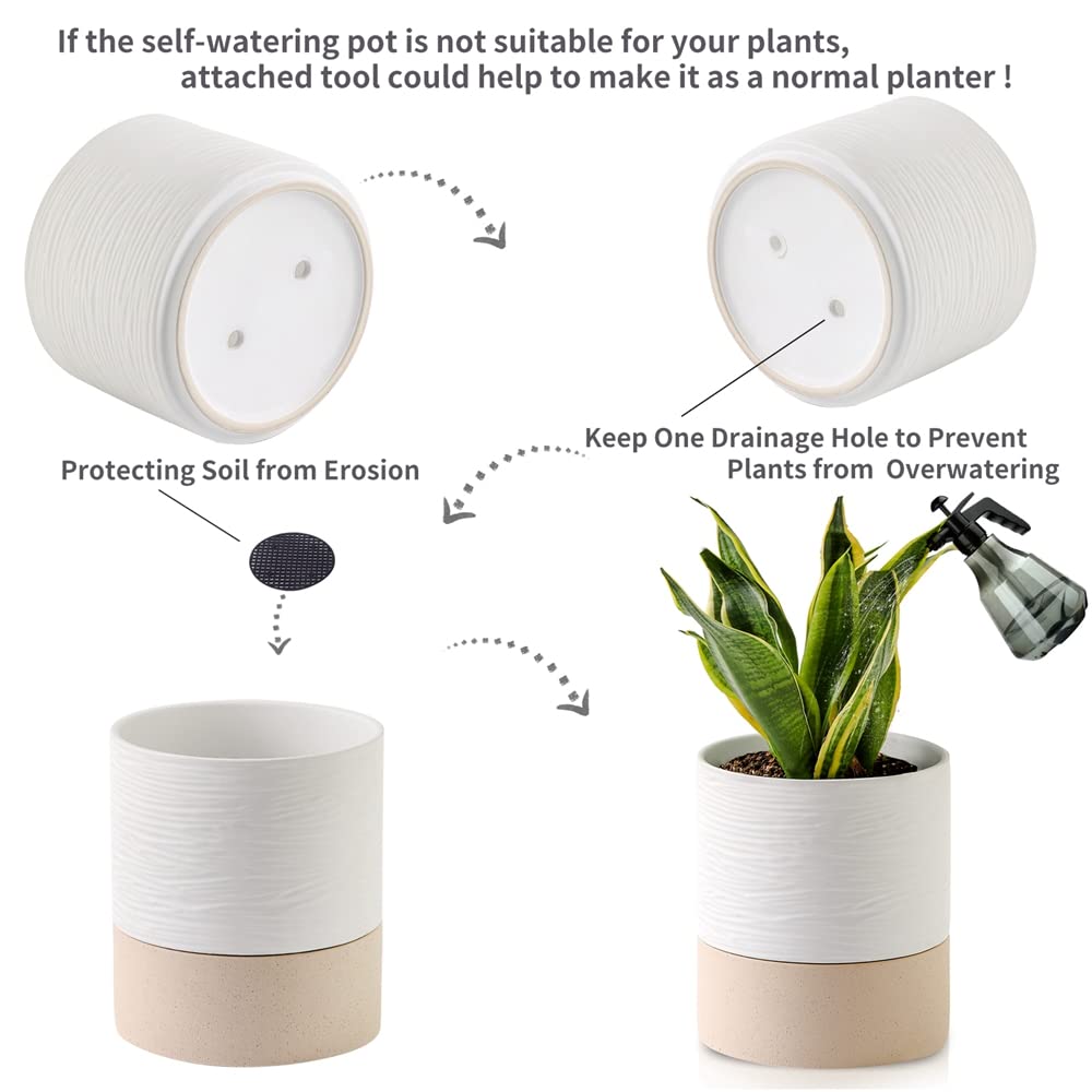 Ceramic Self Watering Plant Pot for Indoor Plants, 6 Inch, White