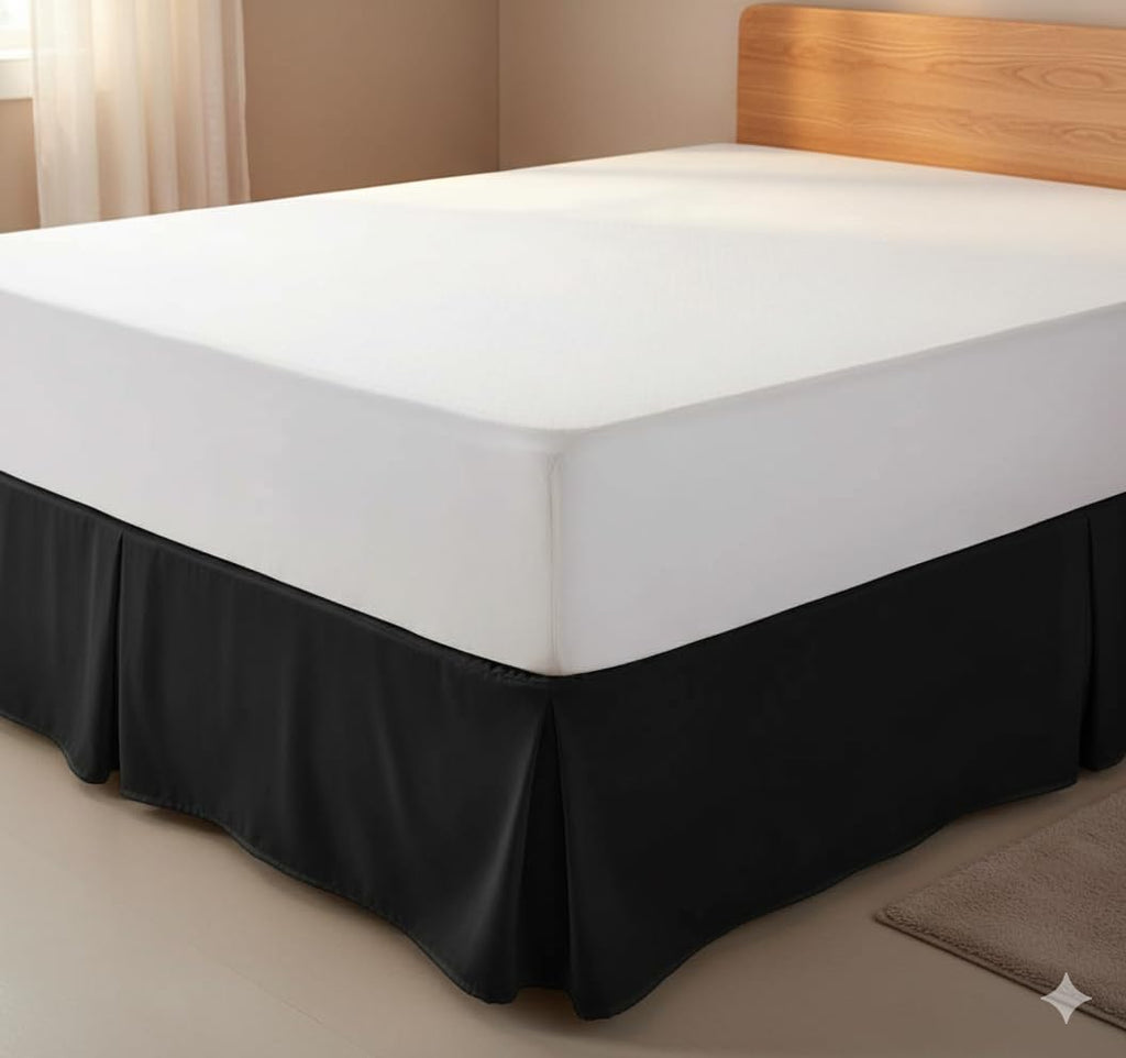 Microfiber Bed Skirts (14 inch Drop) -Queen Size, Solid Black- Pleated Tailored Bedskirts with Split Corners