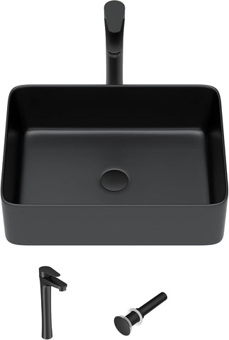 19"x15" Bathroom Vessel Sink Rectangular - Matte Black Porcelain Ceramic Rectangle Above Counter Vanity Lavatory Bath Sink Art Basin with Faucet & Pop-Up Drain