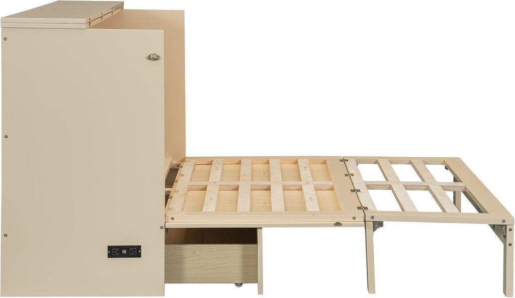 Full Murphy Bed with Charging Station and Large Storage Drawer, Foldable Pull Out Murphy Chest Bed for Apartments