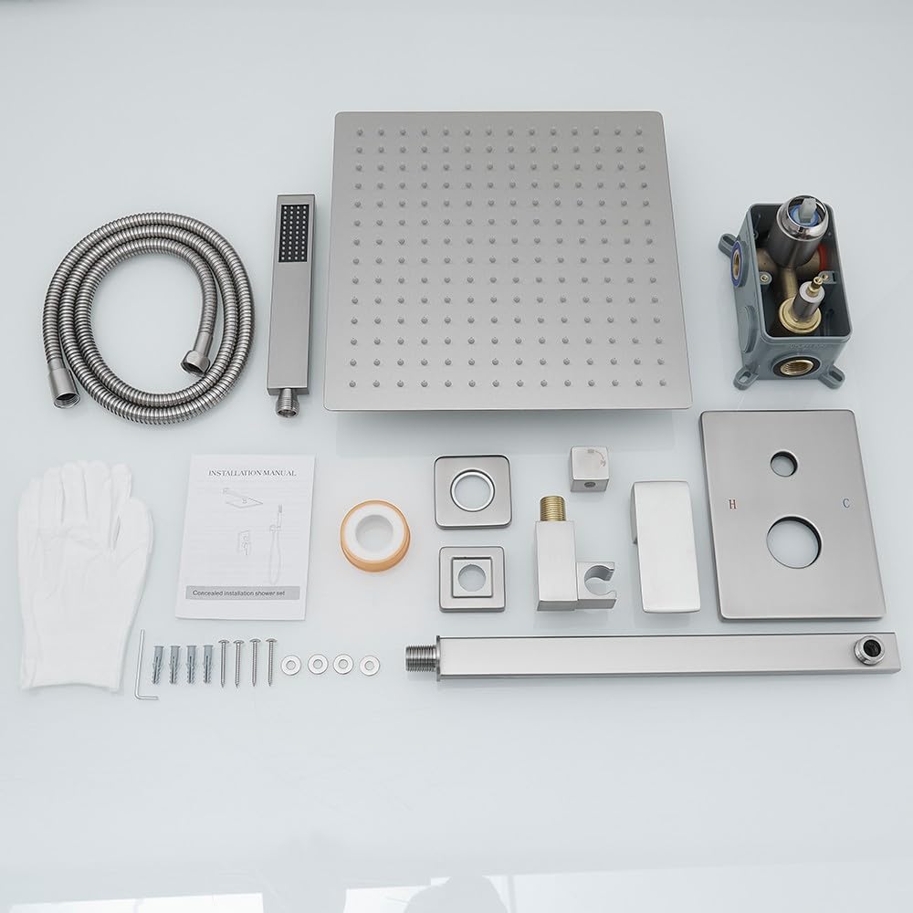 Brushed Nickel Shower System 12 Inch Bathroom Luxury Rain Mixer Shower Combo Set Wall Mounted Rainfall Shower Head