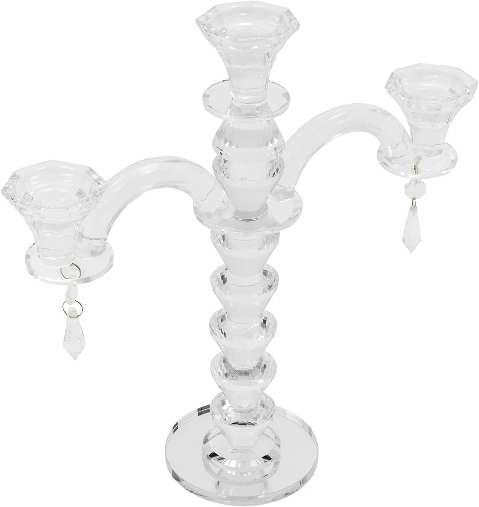 3 Arm Crystal Candelabra Centerpieces for Tables, Crystal Glass Taper Candle Holder Candelabra with Chandelier Chains