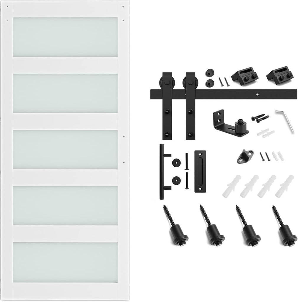 38 x 84 in Glass Barn Door with 6.6FT Sliding Hardware Kit & Handle, Pre-Drilled Ready to Assemble, 