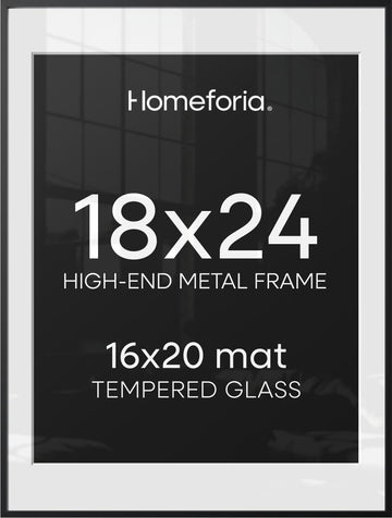 18x24 Black Poster Frame, High-End Metal, 16x20 Mat, Glass