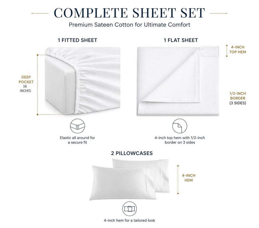 4 Piece Full Sheet Set, 100% Cotton, 16-inch Deep White