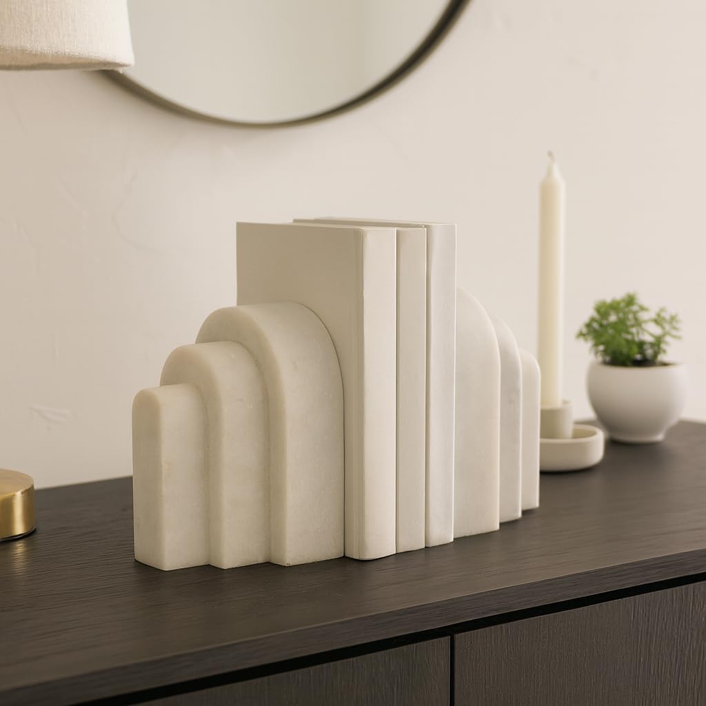 White Marble Bookends - Decorative Stone Book Holders for Shelves, Desks & Tables - Modern Home & Office Shelf