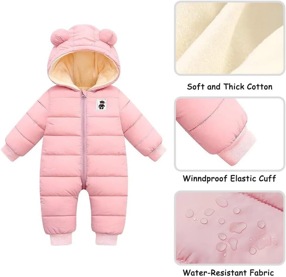 Baby Boys Girls Snowsuit Cozy Winter Coat Infant Bear Hooded Jumpsuit Toddler Snow Outfit