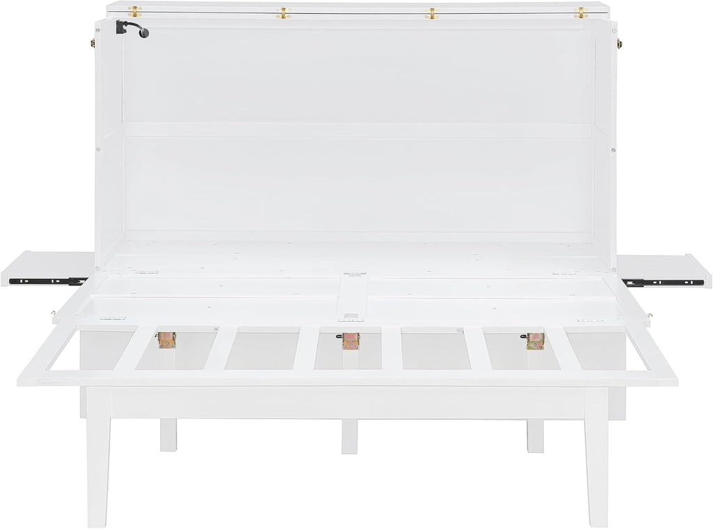 Foldable Murphy Cabinet Bed with Removable Shelves on Each Side and Desk, Queen Wood Murphy Bed with USB Port for