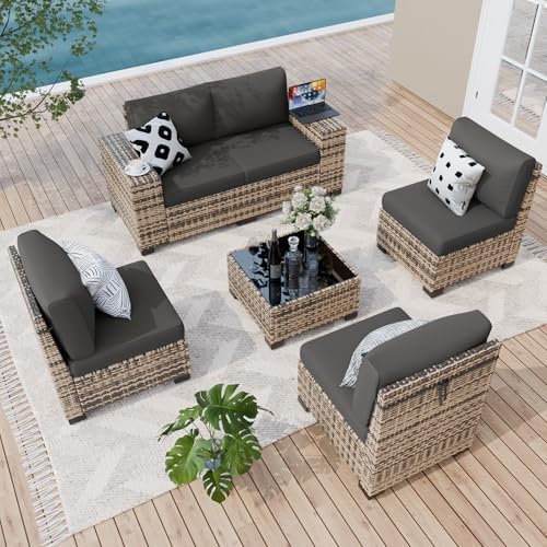 6-Piece Wicker Outdoor Patio Furniture Set | Grey with Thick Cushions for Backyard, Garden & Porch